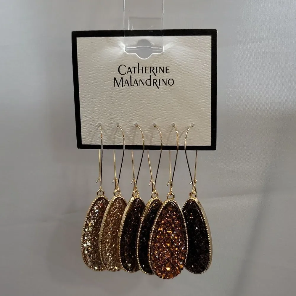 BRAND CATHERINE MALANDRINO FLAT TEARDROP DANGLE SPARKLY GLITTER CHARM EARRINGS